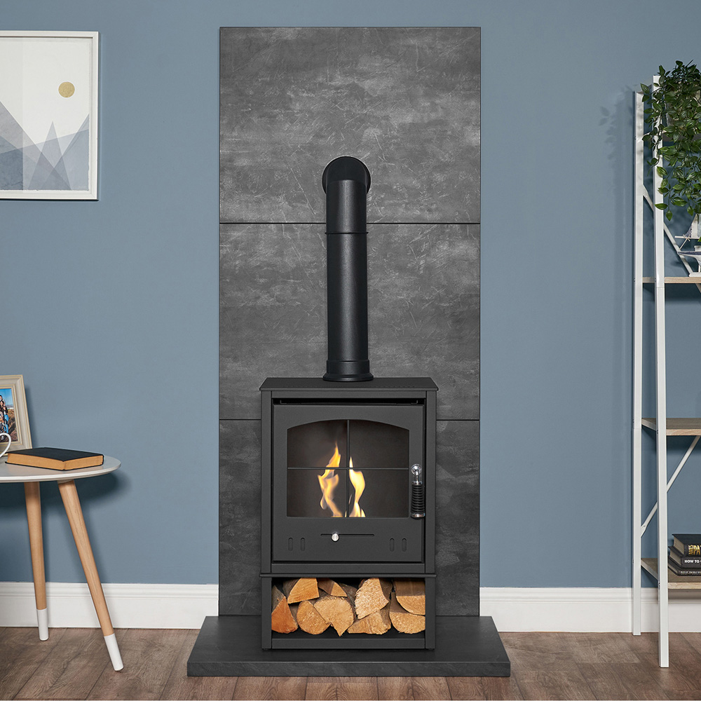 Acantha Slate Venetian Plaster Effect Tile and Hearth with OKO S2 Stove Log Store and Angled Pipe Image 2