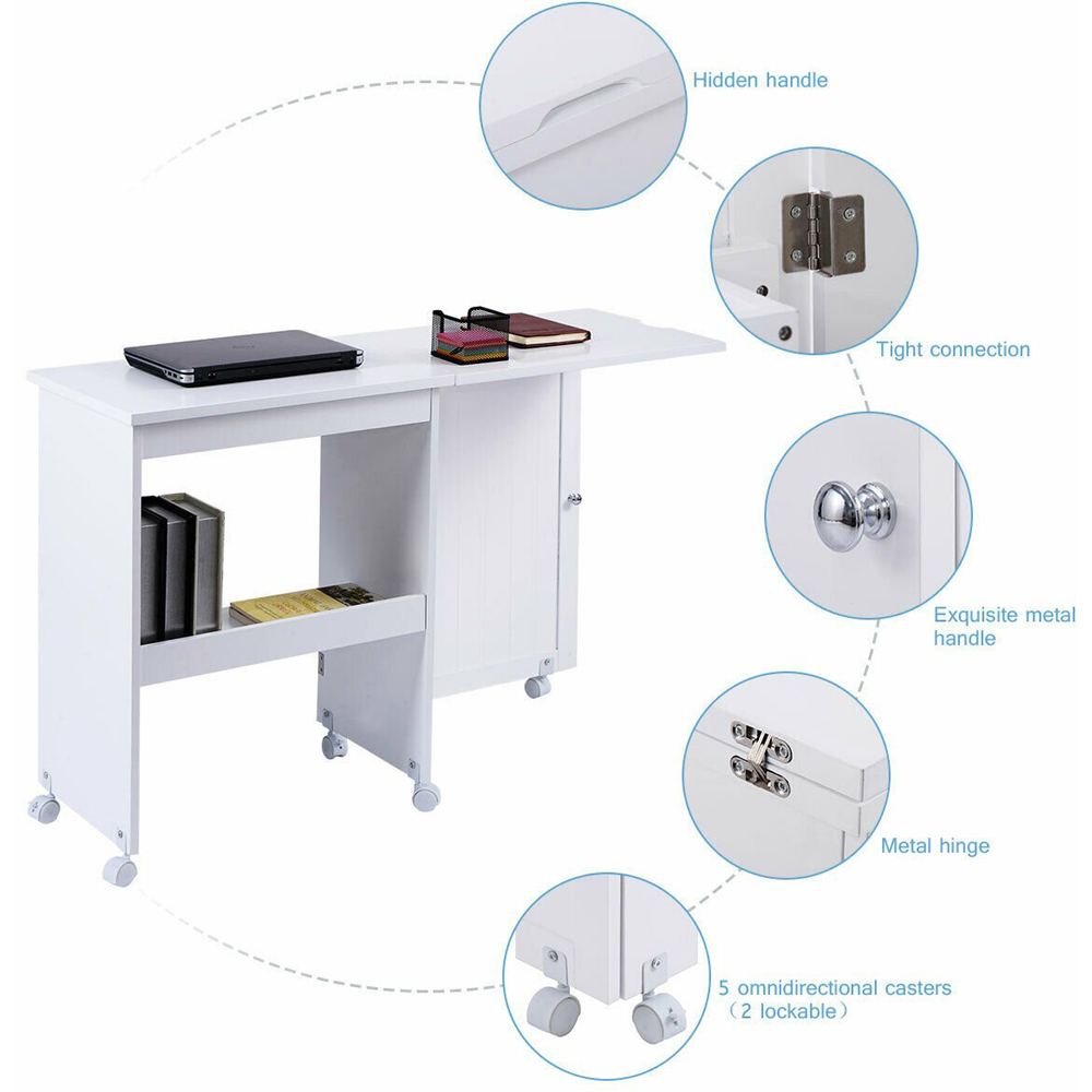Costway White Folding Sewing Table with Storage Shelves Image 8