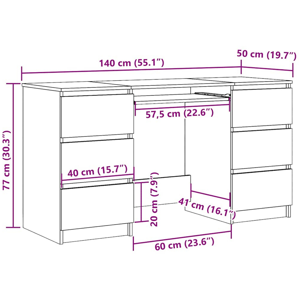 vidaXL 6 Drawer Writing Desk with Keyboard Tray Smoked Oak Image 7