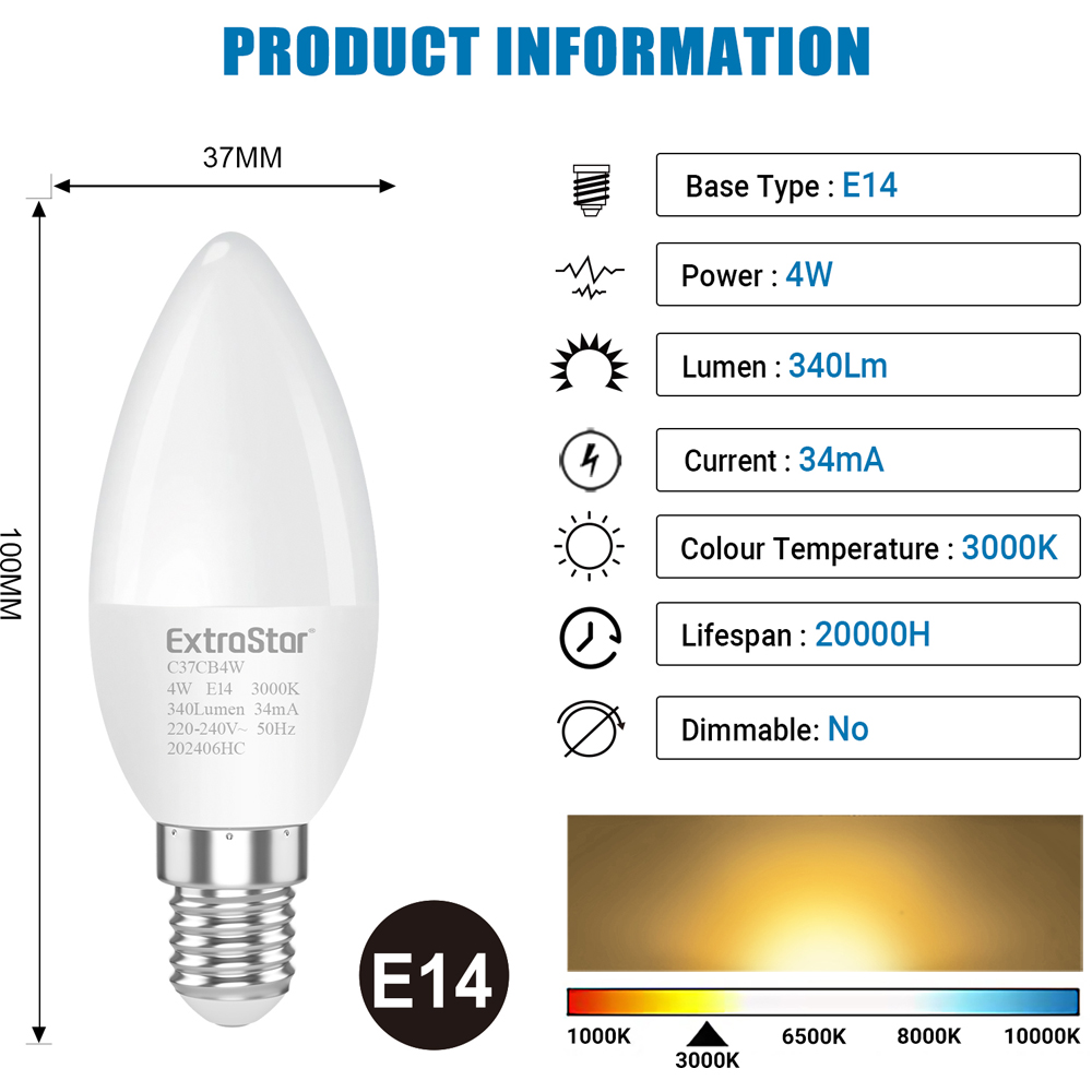 ExtraStar 6 Pack E14 Warm White 4W LED Candle Light Bulb Image 5