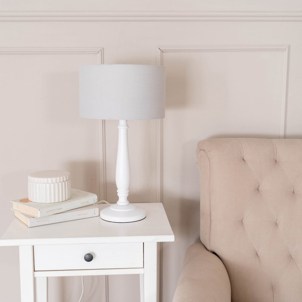 ValueLights Victoria Grey Fabric Drum Shade White Wood Traditional LED Table Lamp Image 3