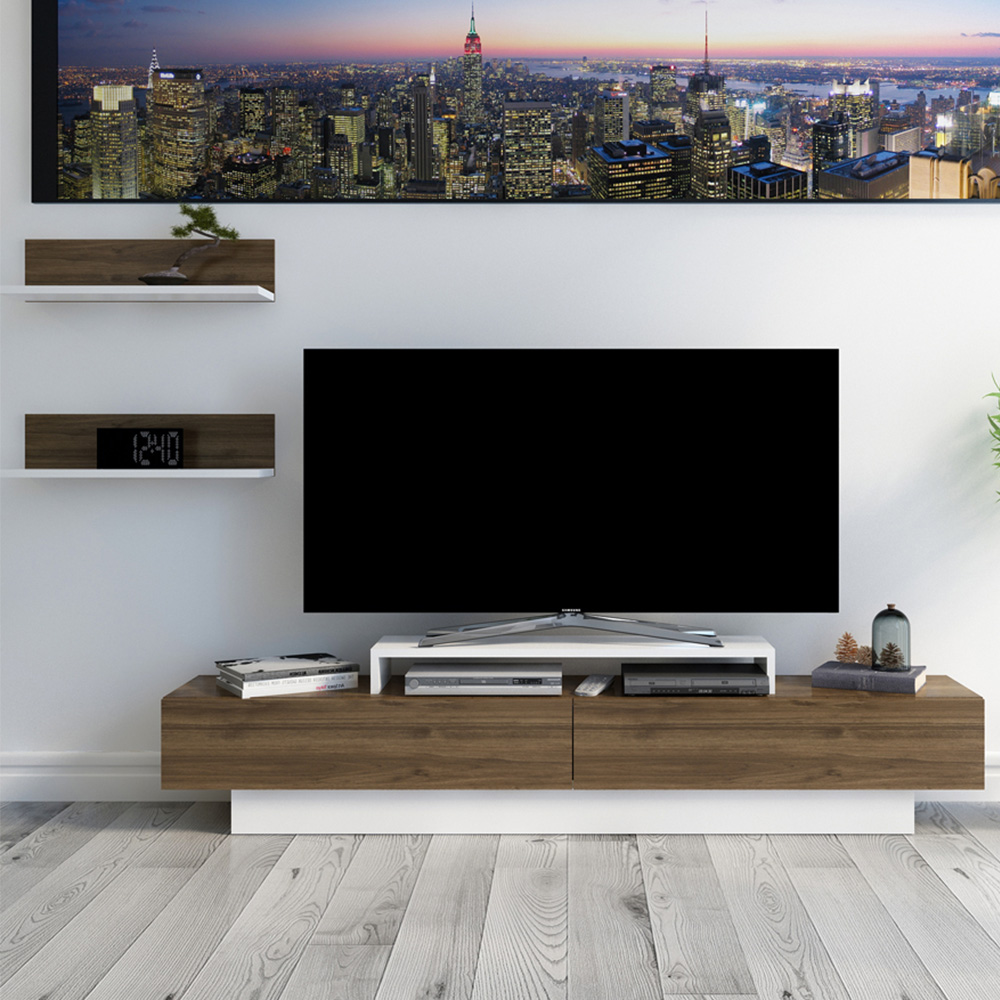 Decorotika Lusi 2 Door Single Shelf White and Walnut TV Unit with 2 Wall Shelf Image 1