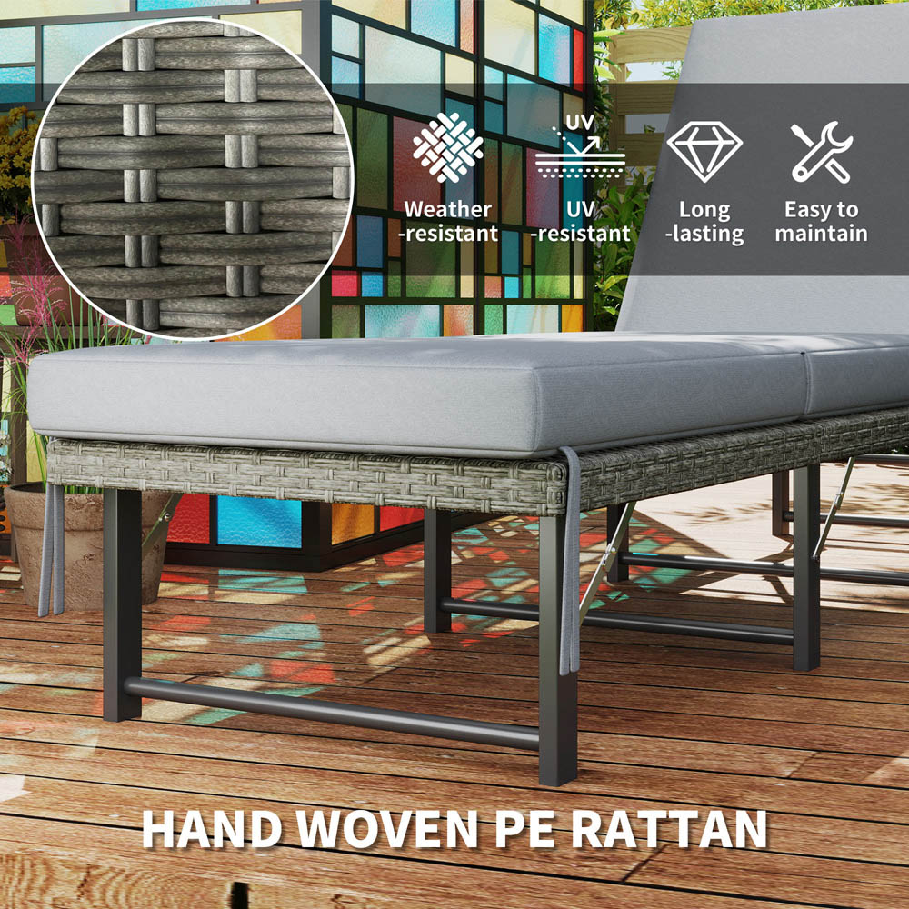 Outsunny Grey Cushion Rattan Adjustable Back Folding Sun Lounger Image 6