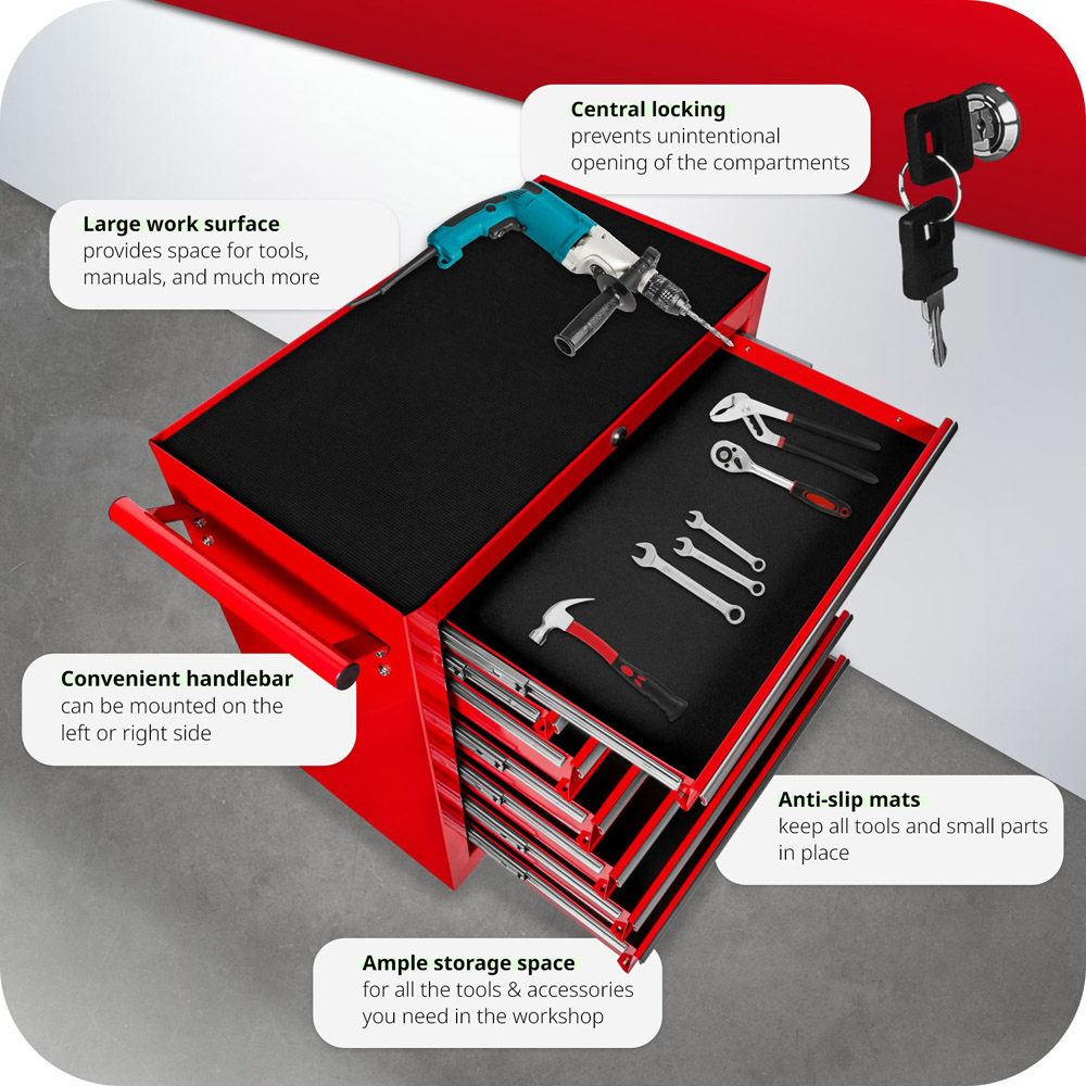tectake 7 Drawer Red Tool Chest of Drawers with Wheels Image 7