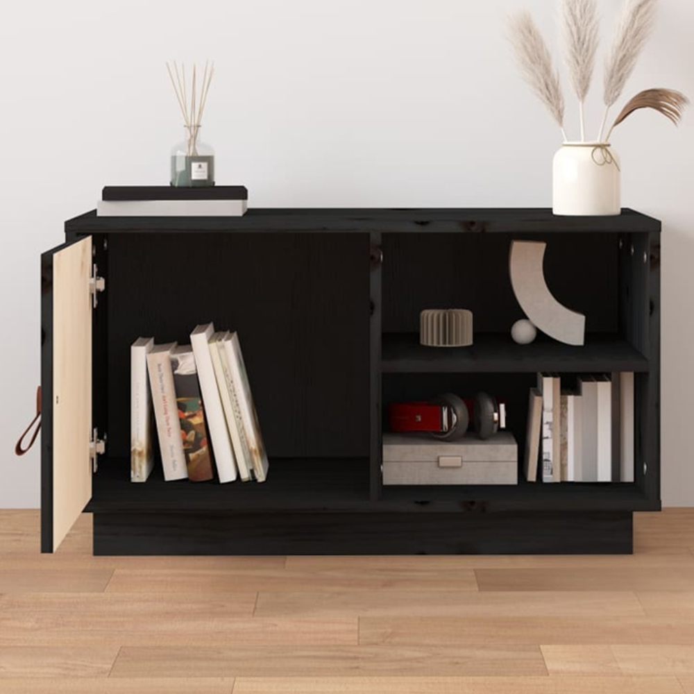 vidaXL Single Door 2 Shelf Black Solid Pine Wood TV Cabinet Image 1