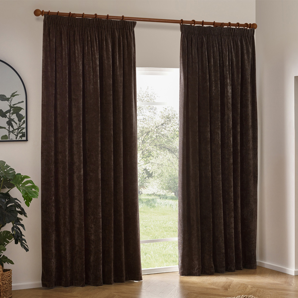 Yard Heavy Brown Chenille Velvet Pencil Pleat Curtains 229 x 229cm Image 1
