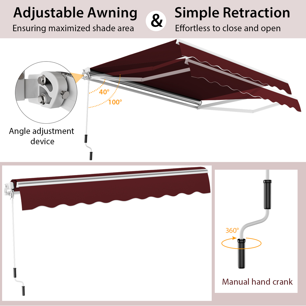 Costway Wine Retractable Manual Patio Awning 3.6 x 3m Image 6