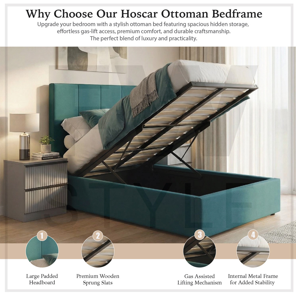 FWStyle Hoscar Single Dolphin Blue Upholstered Lift-Up Ottoman Bed Frame with Ribbed Headboard Image 7