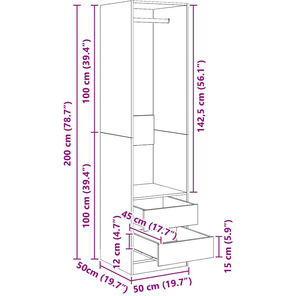vidaXL 2 Drawer Single Shelf Smoked Oak Wooden Open Wardrobe Image 6