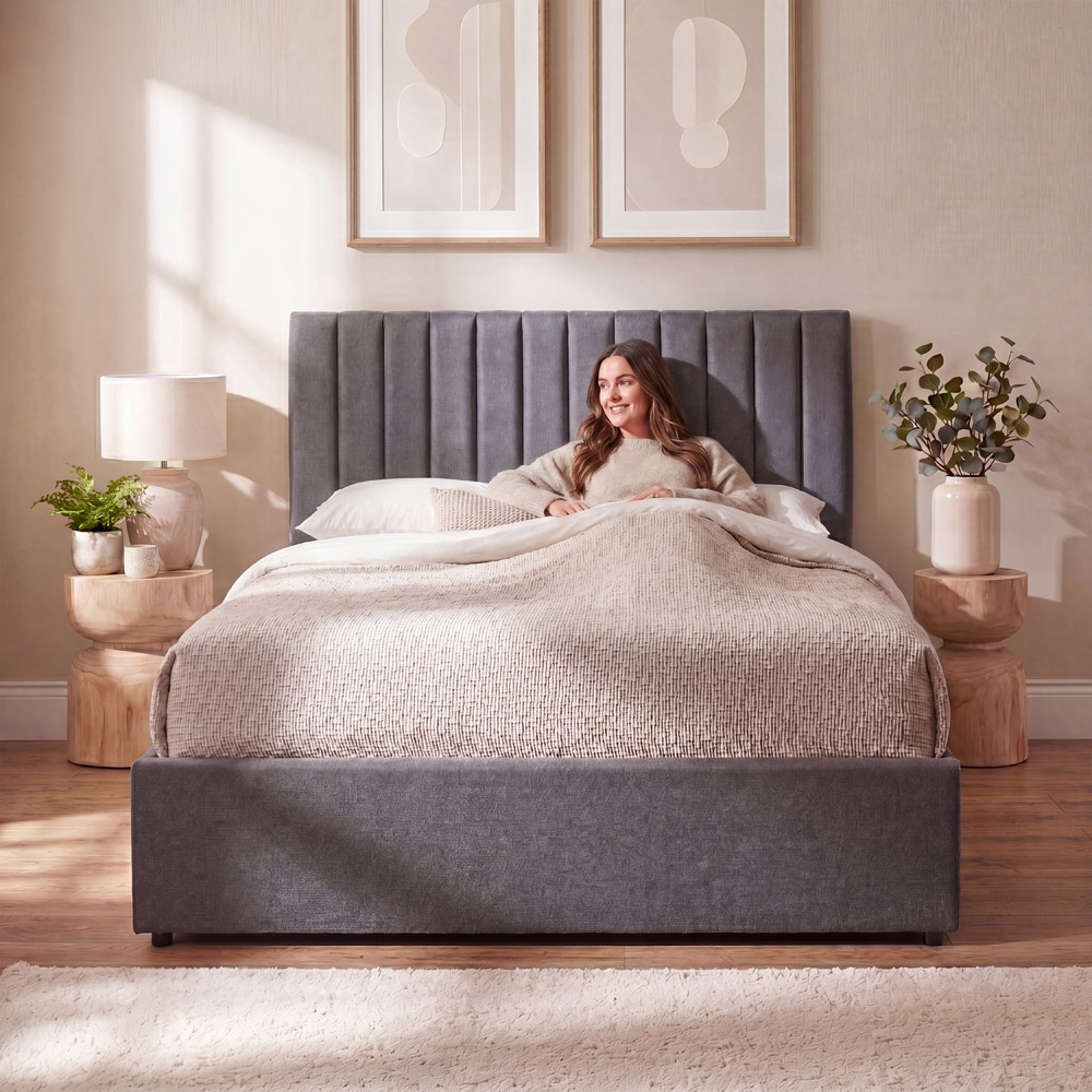 VIDA DESIGNS Vellaro King Size Dark Grey Linen Fabric Ottoman Bed with Headboard Image 3