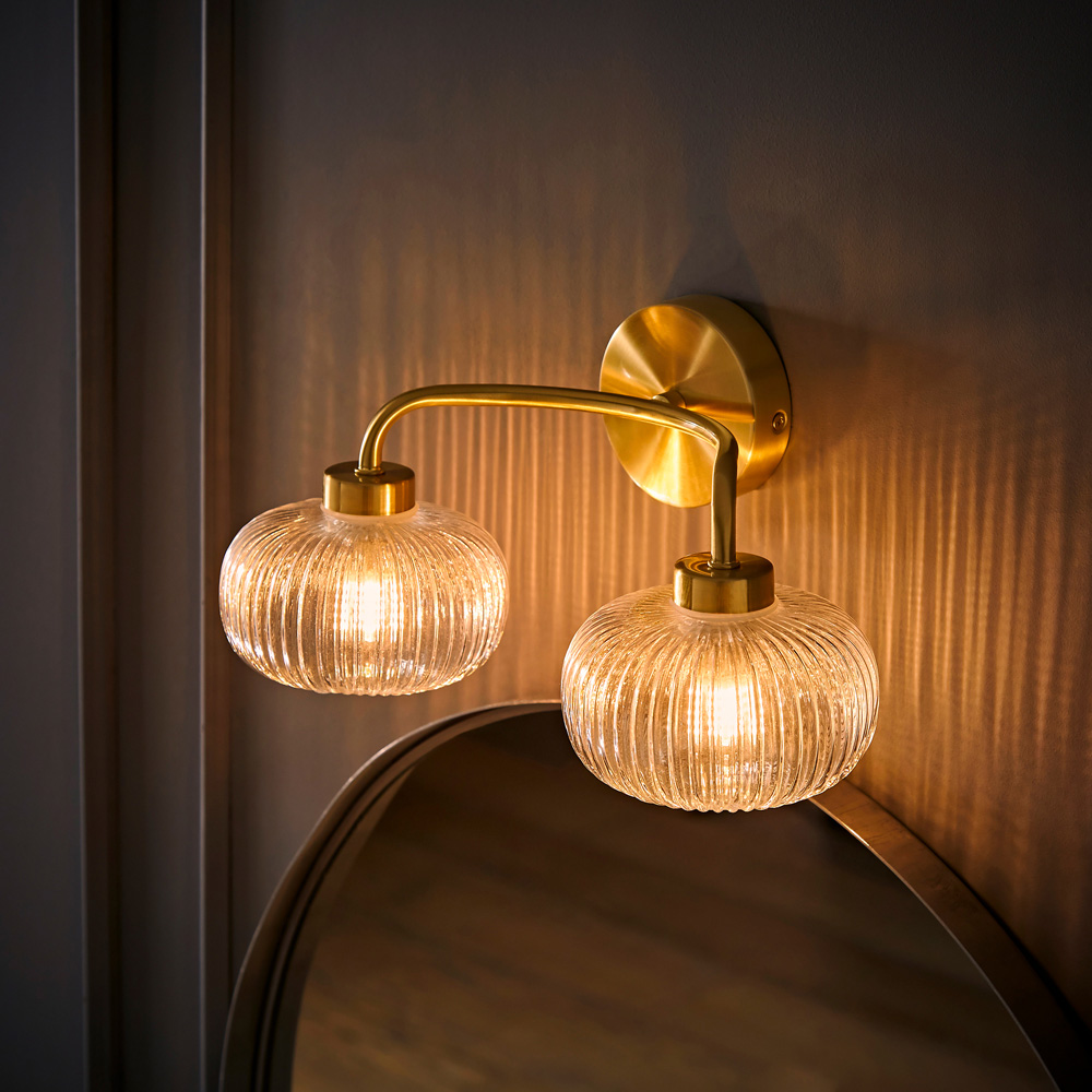 ValueLights Amaia Gold 2 Way Clear Ribbed Glass LED Wall Light Image 6