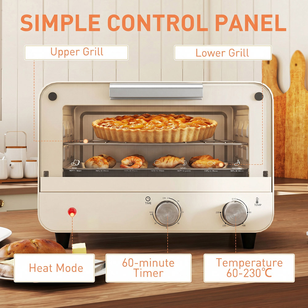 HOMCOM 800-201V70CW Cream White 12L Mini Countertop Oven with Glass Door and Timer Image 6