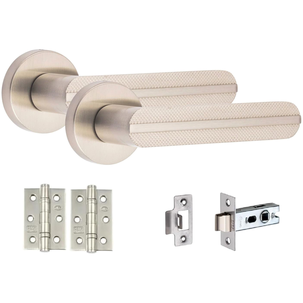 Golden Grace Satin Nickel Modern Lima Knurled Door Handle Set Image 1