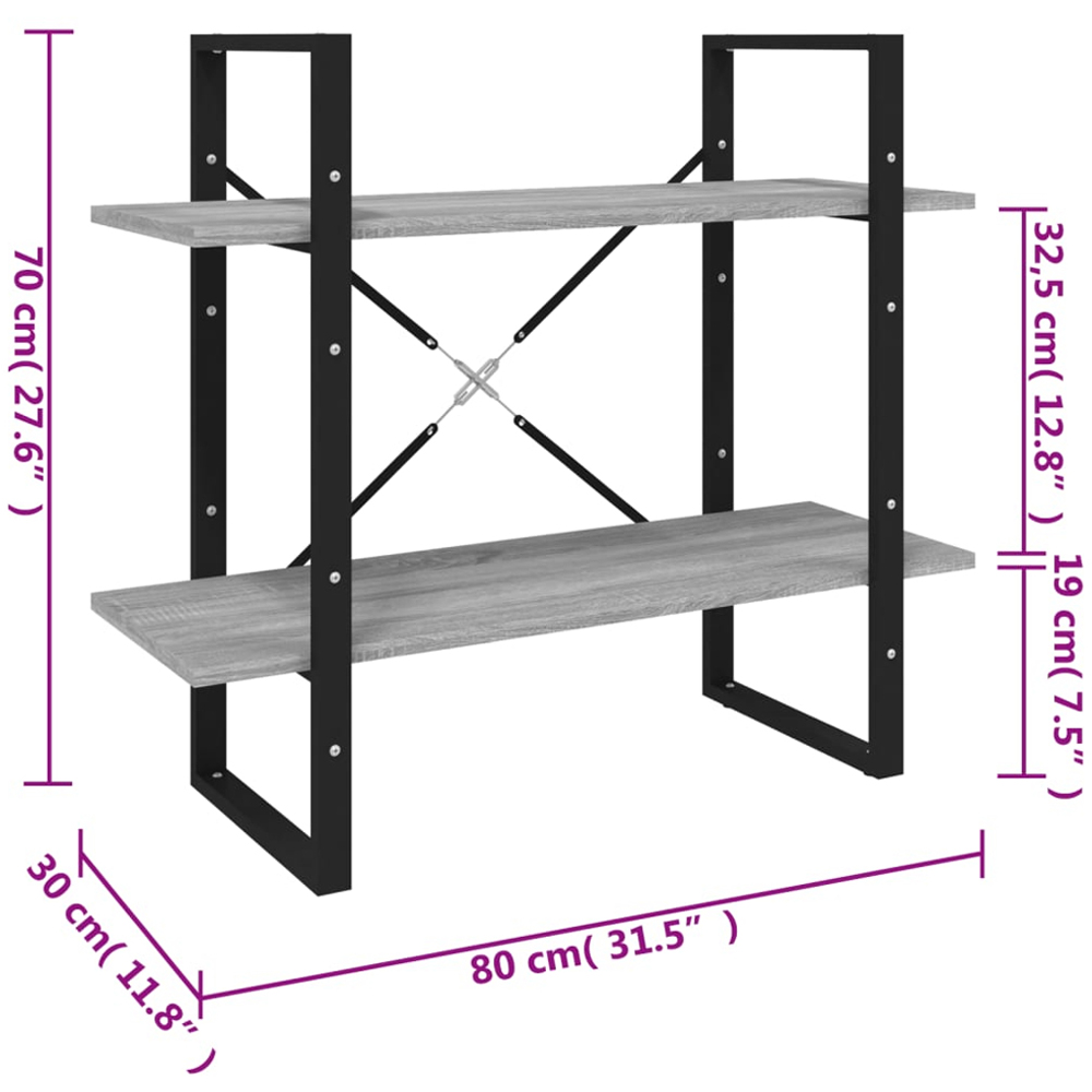 vidaXL 2 Shelf Grey Sonoma Oak Bookcase Image 8