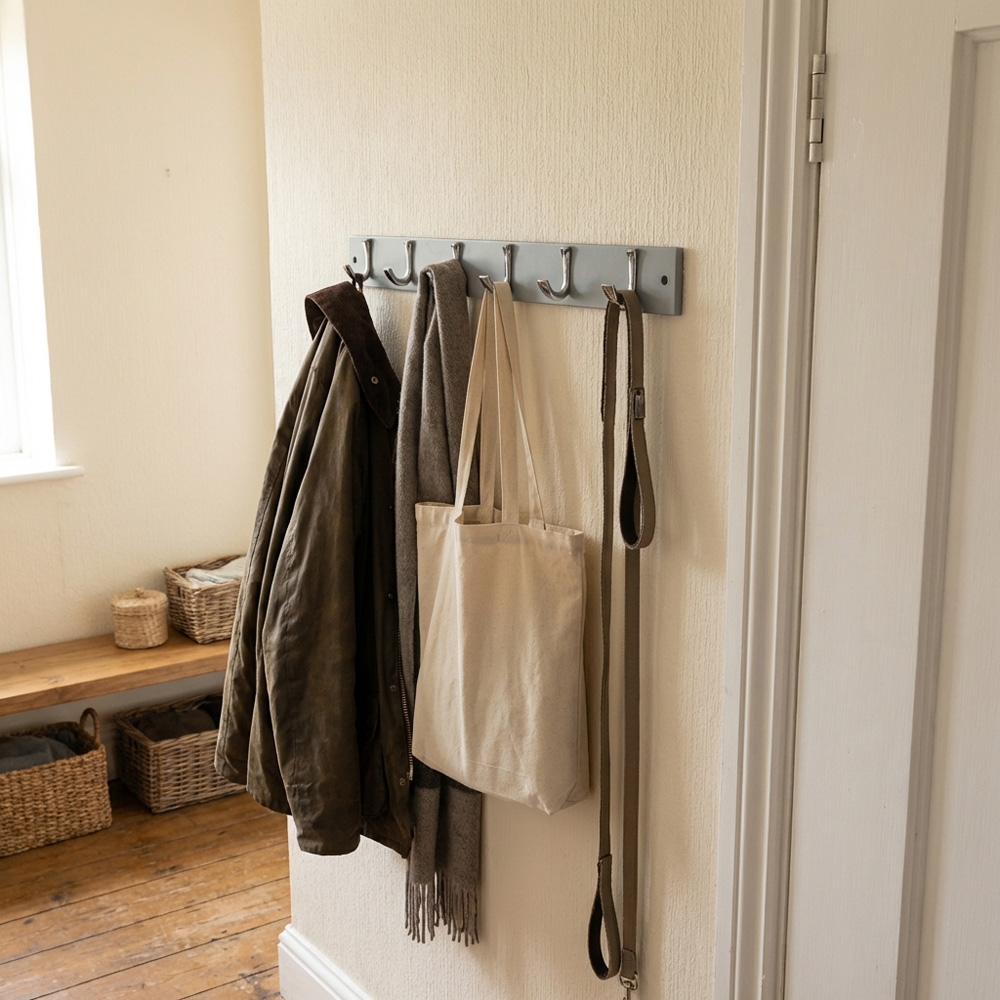 Grey and Chrome Ribbed 6 Hook Coat Rail Image 3