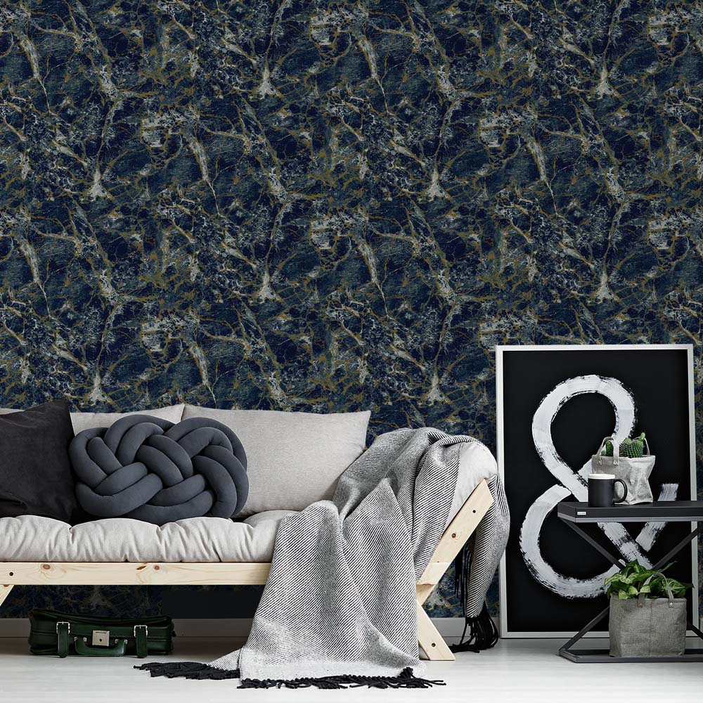 Grandeco Astoria Liquid Marble Textured Navy Wallpaper Image 2
