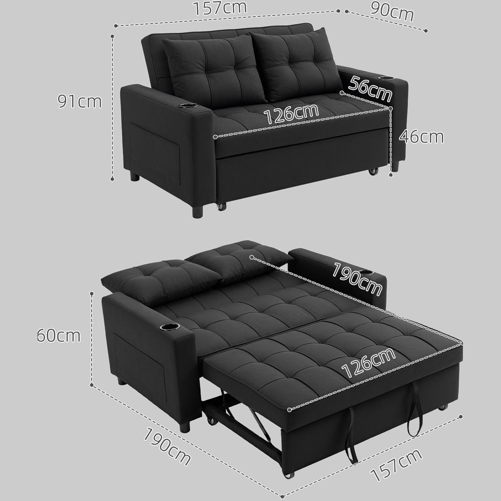 Portland 2 Seater Black Pull Out Sofa Bed with Adjustable Backrest and Pockets Image 9