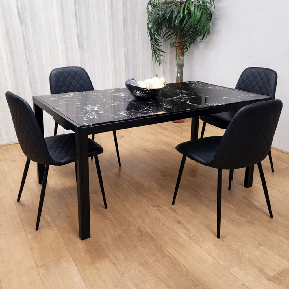 Kosy Koala 4 Seater Glass and Faux Leather Gem Pattern Dining Set Black and Marble Effect Image 1