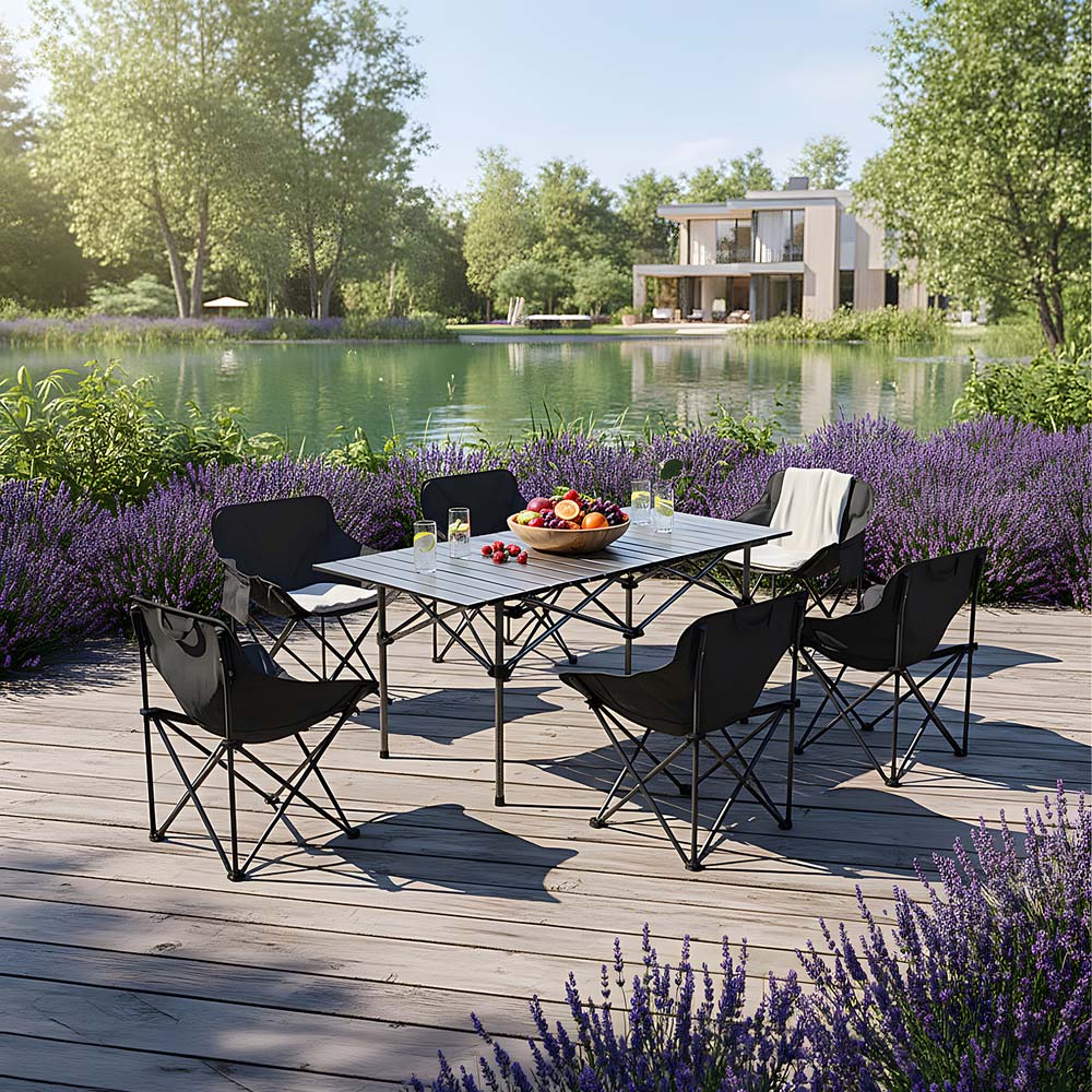 Living and Home 6 Seater Black Folding Camping Table and Chair Set Image 2