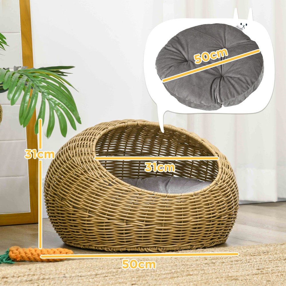 PawHut Light Brown Wicker Cat House Image 7
