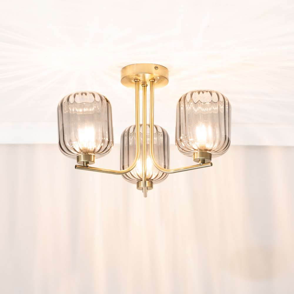 ValueLights Amelie 3 Way Ribbed Glass Gold Stem LED Ceiling Pendant Light Image 2