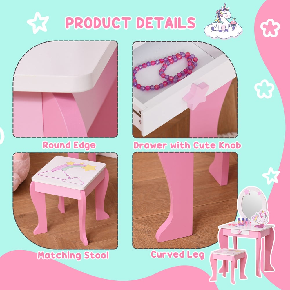 Playful Haven Kids Single Drawer Pink Dressing Table Set with Mirror Image 4