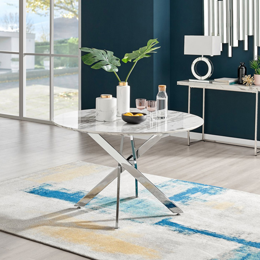 Furniturebox Arona Fortana Marble Effect 6 Seater Round Dining Set White Chrome and Black Image 2