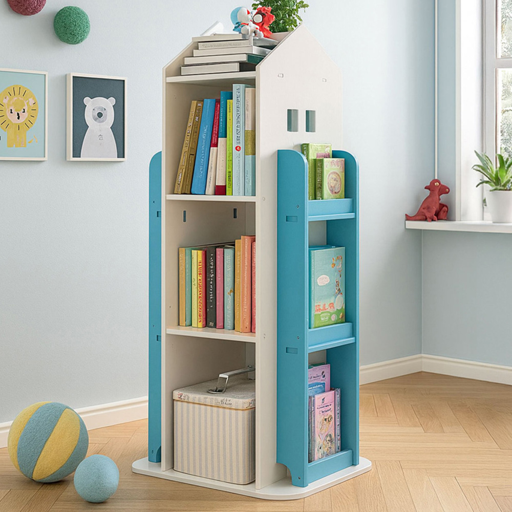 Neo Blue House Shaped Rotating Kid's Freestanding Bookshelf Image 1
