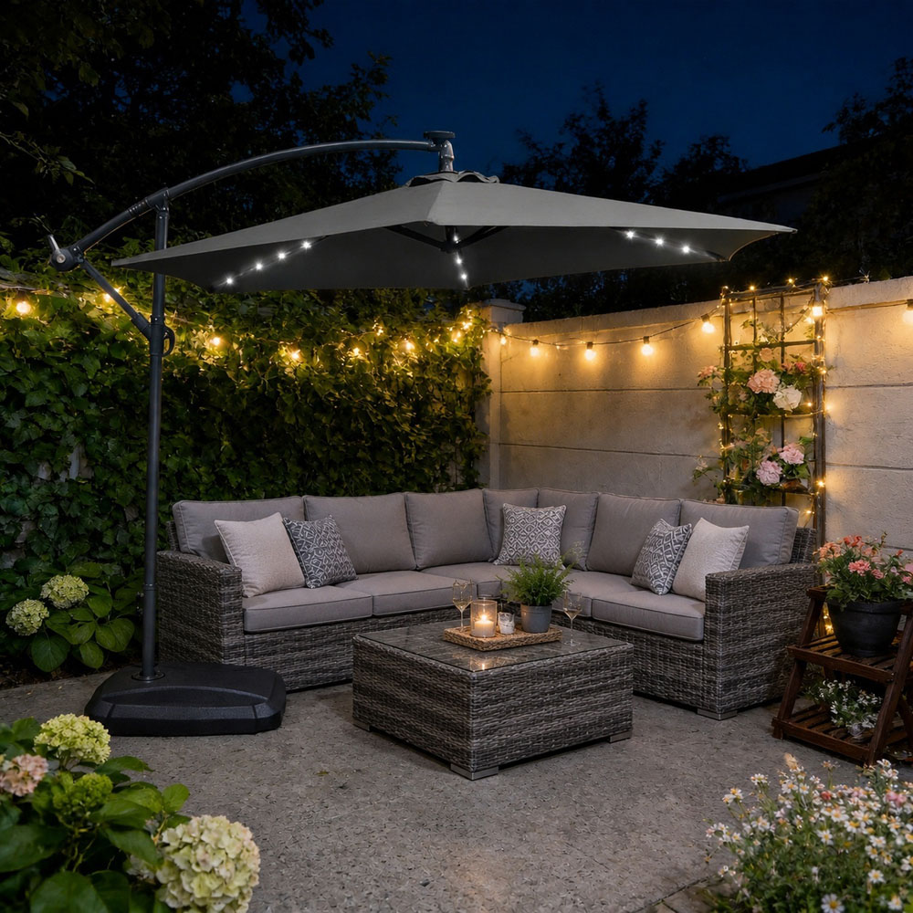 Direct Wicker Grey LED Tilt and Crank Hanging Cantilever Parasol 2.94m Image 2