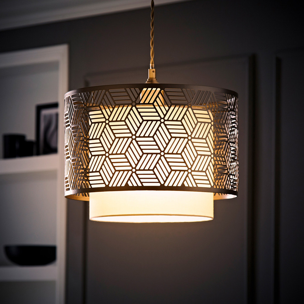ValueLights Eugene Grey Geometric Drum Ceiling Lamp Shade Image 2