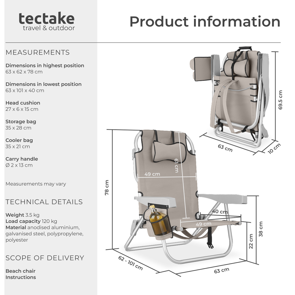 tectake Coral Beige Foldable Beach Chair with Backpack Image 9