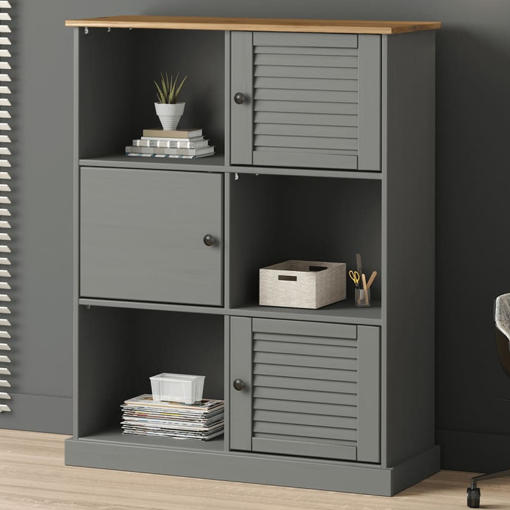 vidaXL 3 Door 3 Shelf Grey Pine Wood Bookcase Image 1