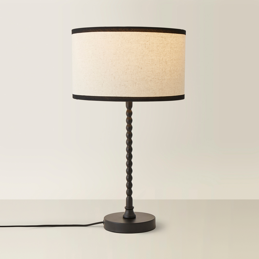 ValueLights Maeve Natural Linen Black Trim Drum Shade Bobbin Table Lamp and Bulb Image 5