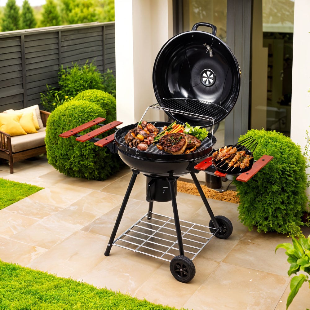Living and Home Outdoor Charcoal BBQ Grill with 2 Wooden Shelves Image 2