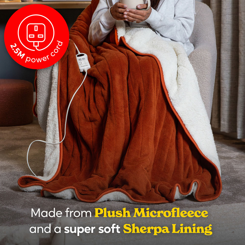 Russell Hobbs Orange Sherpa and Microfleece Heated Throw with Controller 130 x 180cm Image 6