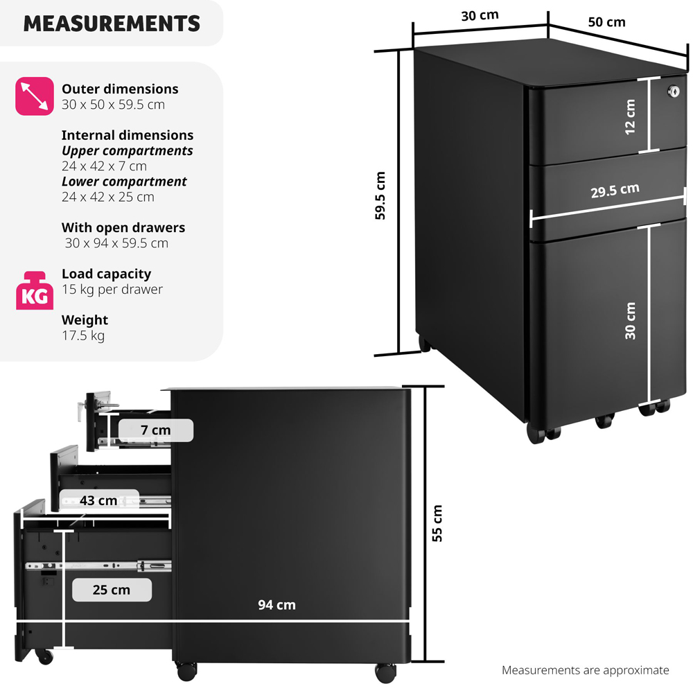tectake Parvus 3 Drawer Black Lockable Filing Cabinet Image 9