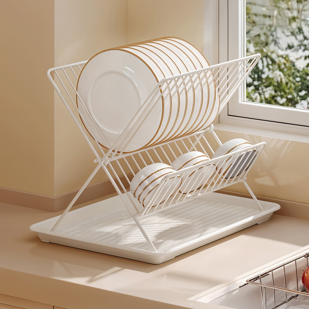 Living and Home 2 Tier White Foldable Dish Drying Rack with Drip Tray Image 2