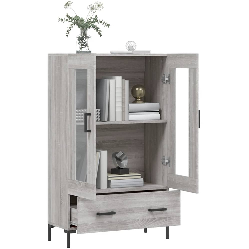 vidaXL 2 Glass Door Single Drawer Grey Sonoma Highboard with Metal Legs Image 4
