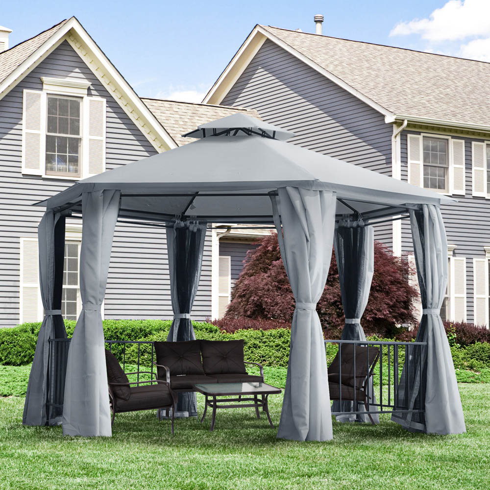 Outsunny 3 x 3m 2-Tier Grey Canopy Gazebo with Sides Image 1