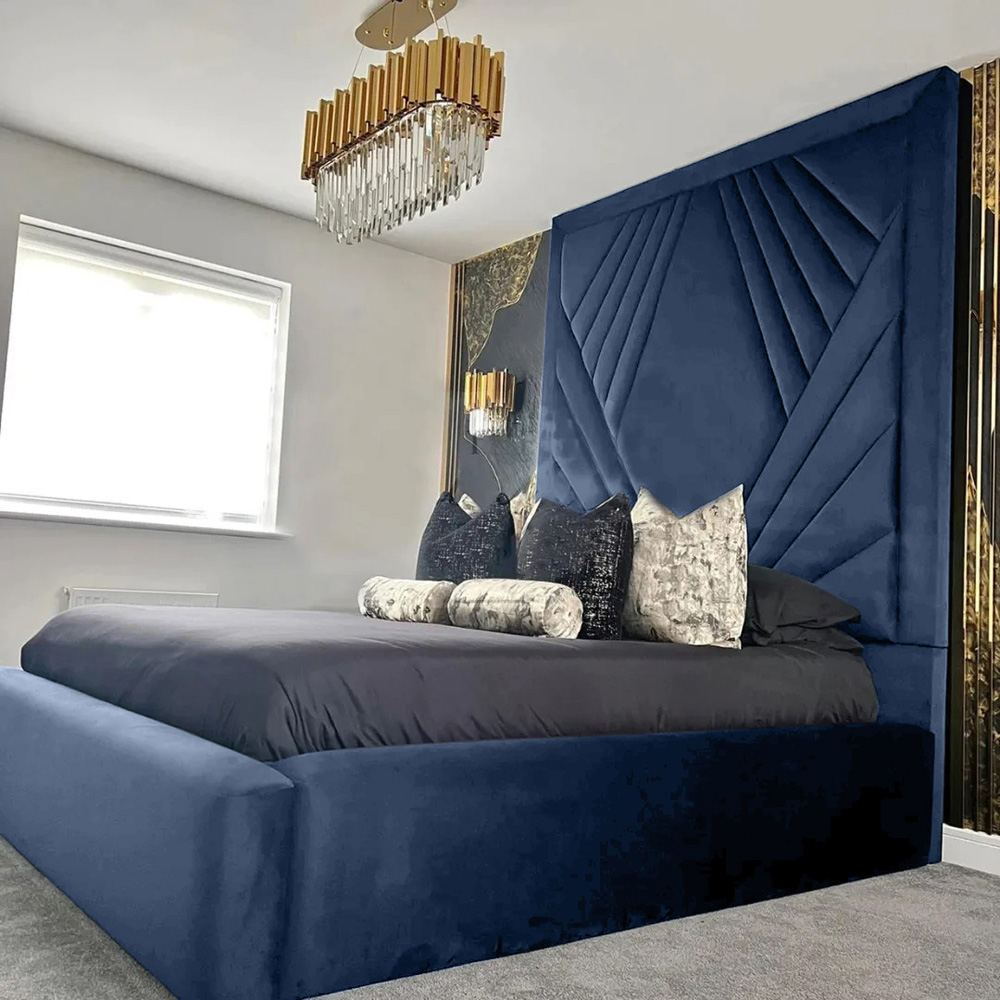 Eleganza Home Solia Double Blue Plush Velvet Bed Frame with Headboard Image 1
