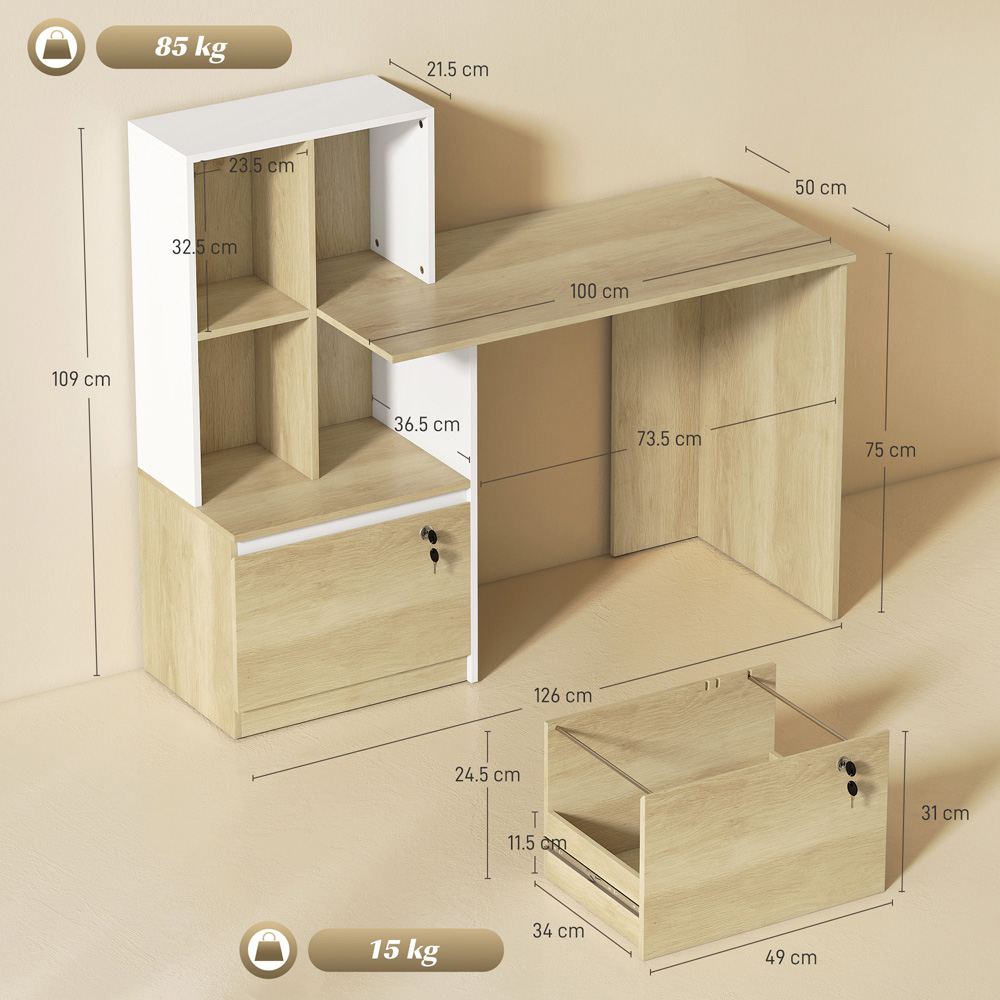 HOMCOM Single Drawer 4 Shelf Computer Desk Oak Wood Effect Image 8