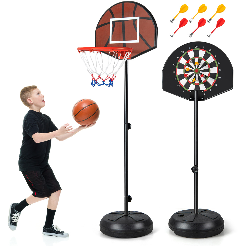 Costway 2 in 1 Kids Height Adjustable Basketball Hoop Stand with Dart Board Image 3