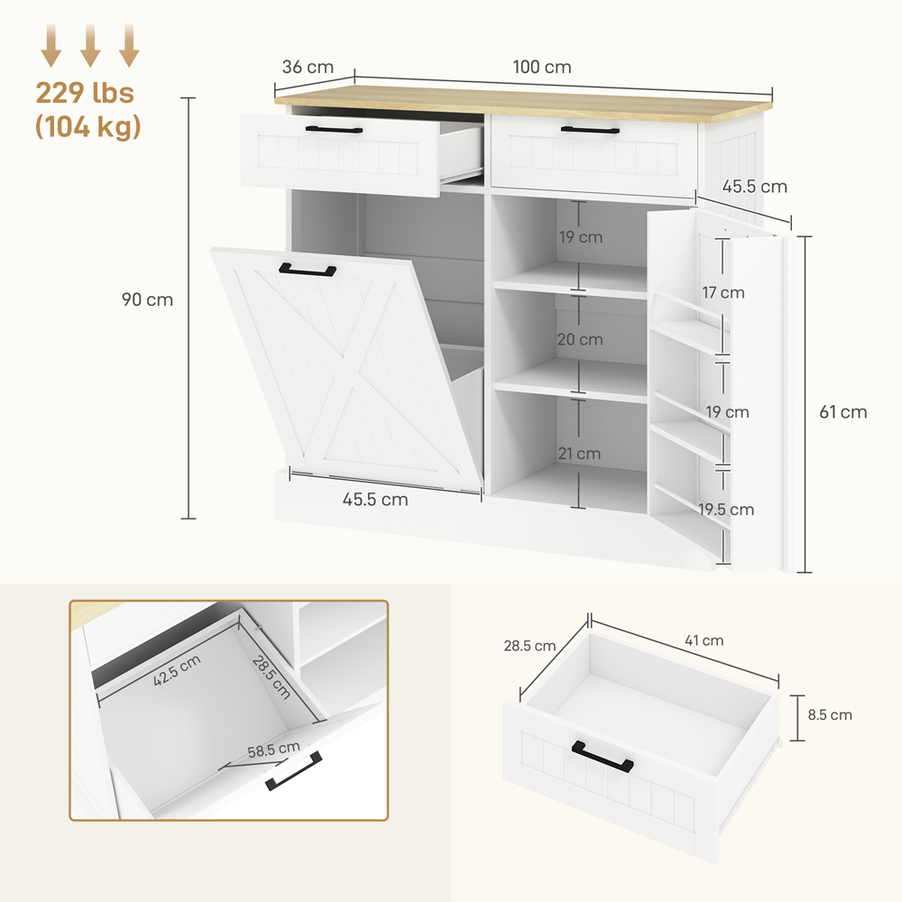 Portland Single Door 2 Drawer White Wood-Effect Sideboard with Tilt Out Trash Bin 38L Image 9