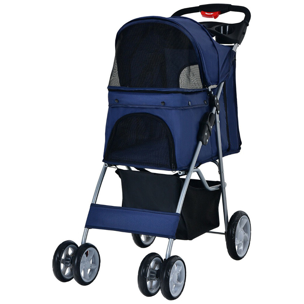 Costway Navy Folding Pet Stroller with Wheels and Canopy Image 1