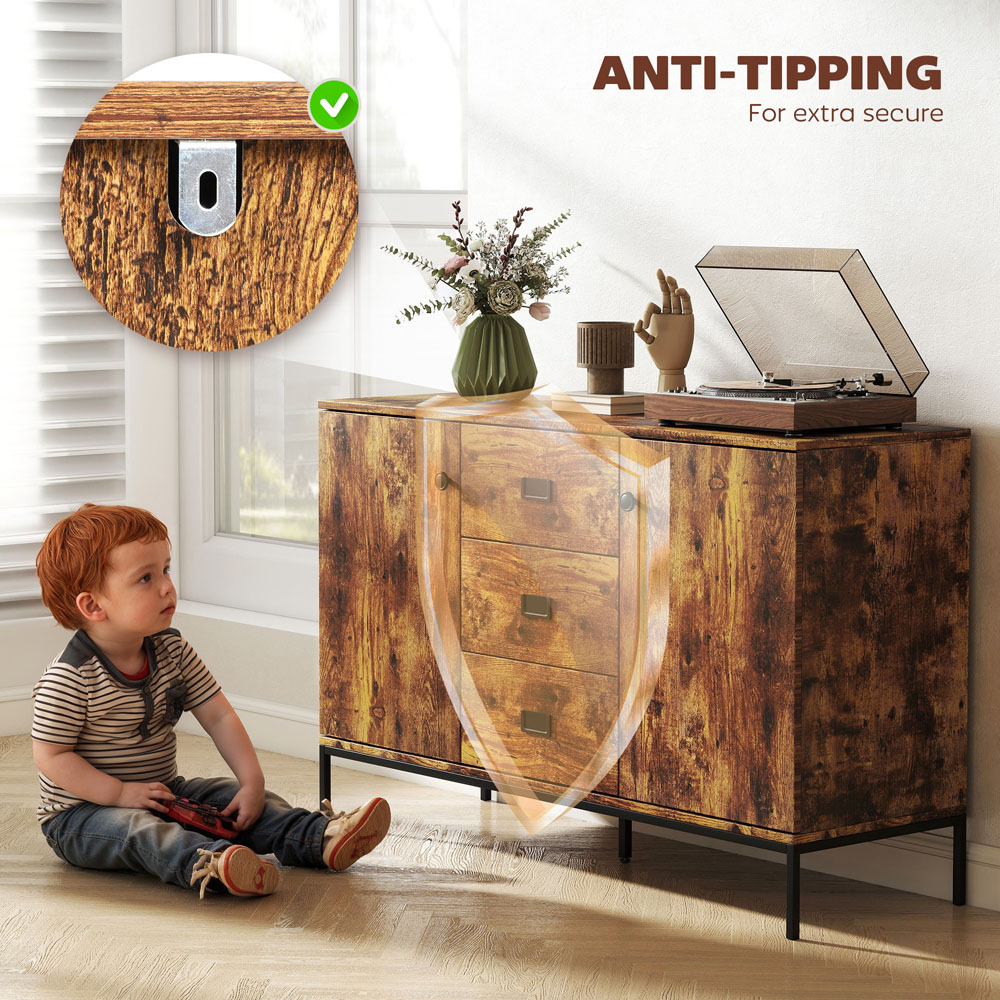 HOMCOM 3 Drawer 2 Door Rustic Brown Modern Storage Cabinet Image 7