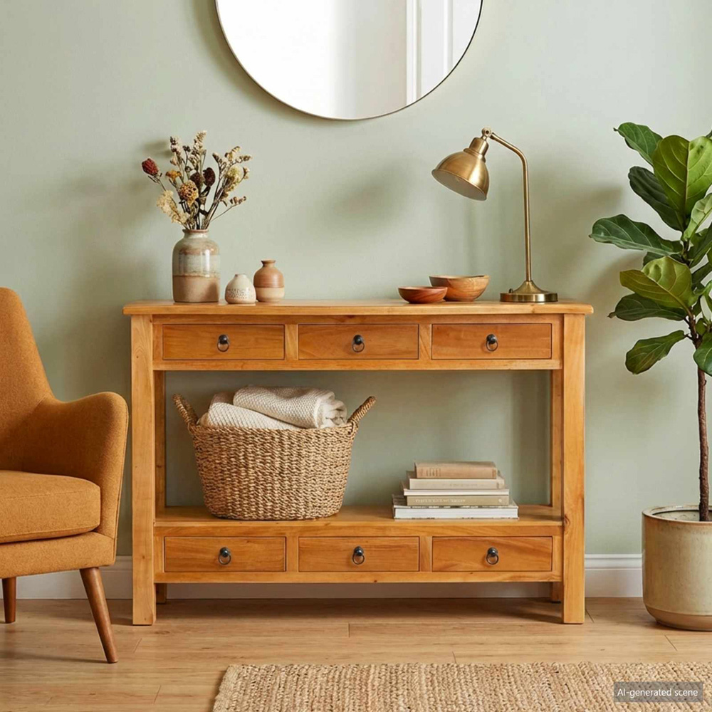 vidaXL 6 Drawer Single Shelf Natural Solid Mahogany Wood Rustic Console Table Image 9