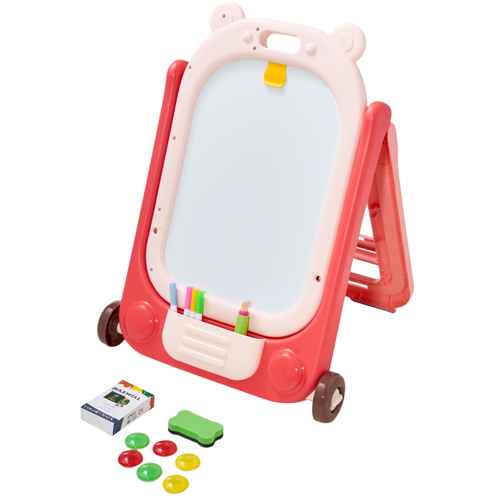 H&O Direct Pink and Red Double Sided Magnetic Easel Chalkboard with Wheels Image 1