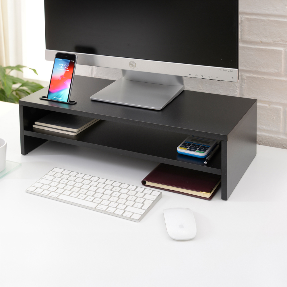 TTAP Single Shelf Wooden Black Screen Riser with Mobile Phone Holder Image 2