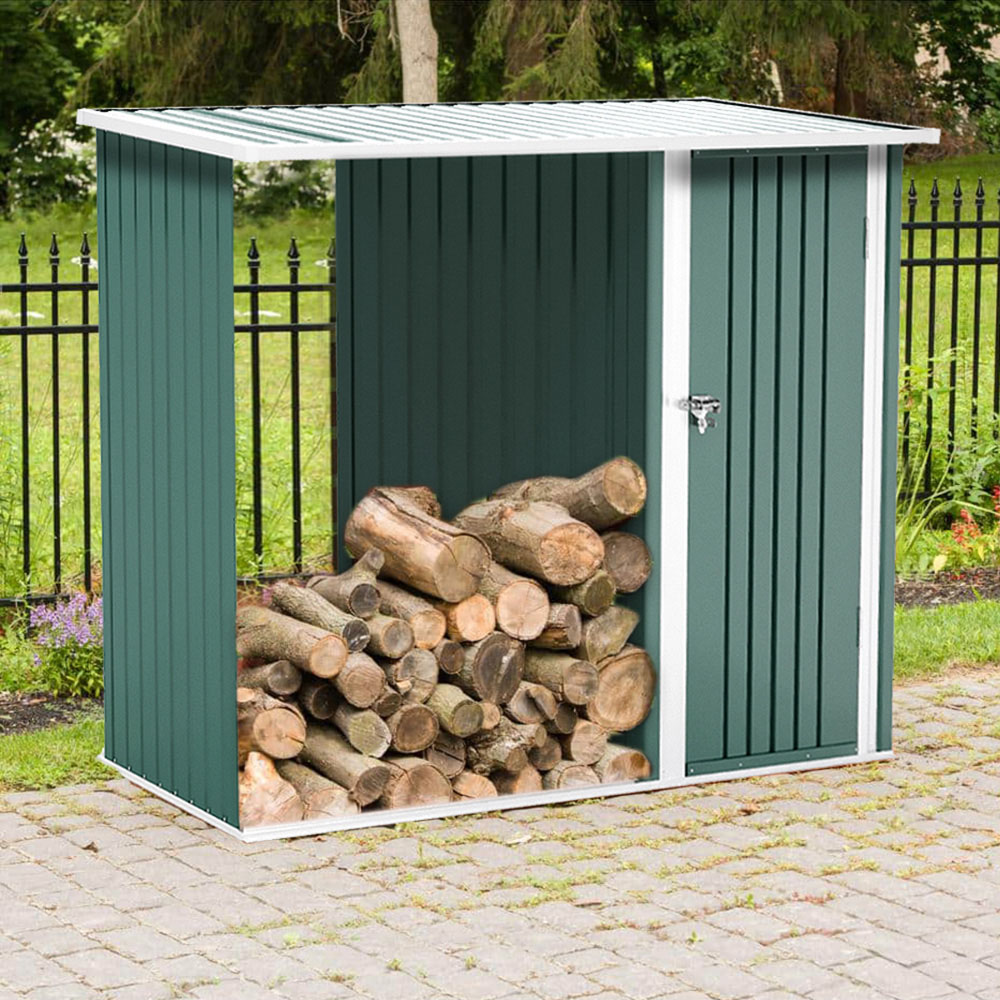 Living and Home 5.2 x 8.2ft Green Steel Garden Storage Shed with Log Rack Image 7