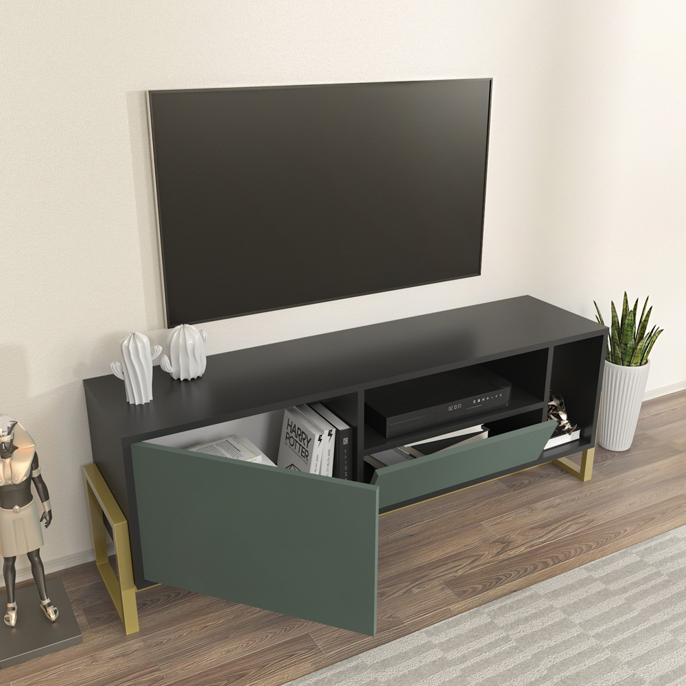 Decorotika Utopie Single Drawer Single Door 2 Shelf Black and Green TV Unit Image 5